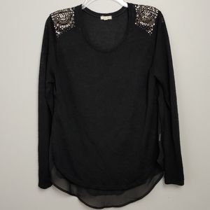 Eyeshadow embellished shoulder sheer panel sweater